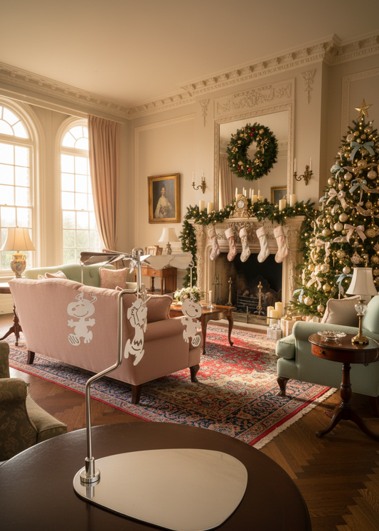 Decorative living room with Christmas tree, fireplace, and festive decorations.