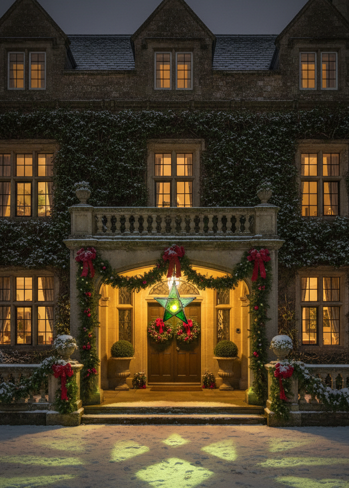 A grand stone mansion facade at dusk, covered in ivy and decorated for Christmas at the front entrance with a green wreath, red bows, garlands, and a glowing green star. Warm yellow windows glow in the background, and light projects onto the snow-dusted ground.