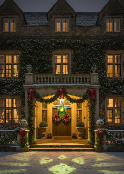 A grand stone mansion facade at dusk, covered in ivy and decorated for Christmas at the front entrance with a green wreath, red bows, garlands, and a glowing green star. Warm yellow windows glow in the background, and light projects onto the snow-dusted ground.