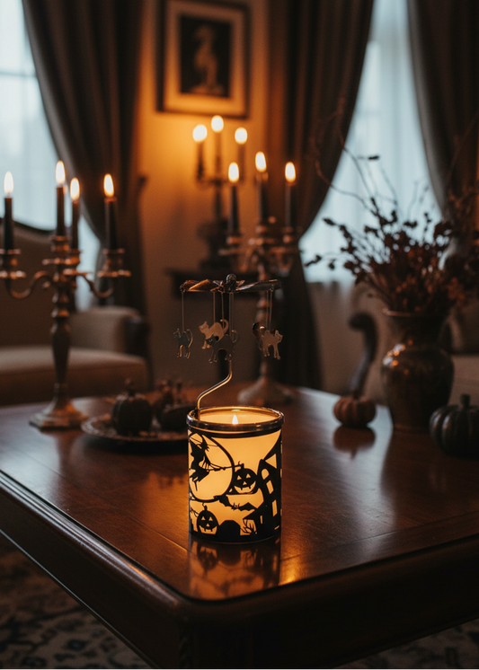 A lit decorative candle holder with a black floral silhouette and gold-toned hanging ornaments sits on a dark wooden table in a warmly lit living room with candles, curtains, and pumpkins in the background.