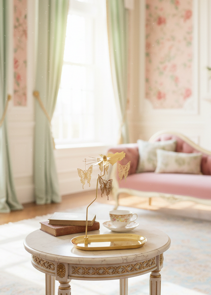 Pink sofa in a stylish living room with floral wallpaper and green curtains.