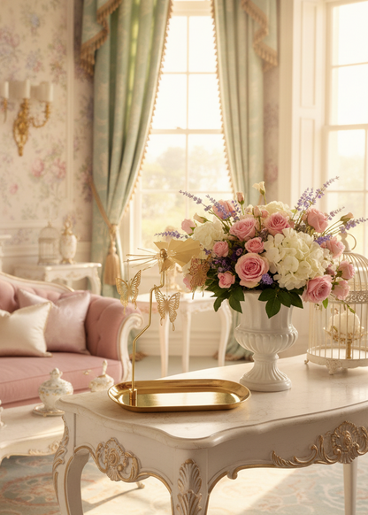 Luxurious living room with pink sofa, floral arrangements, and ornate decor.