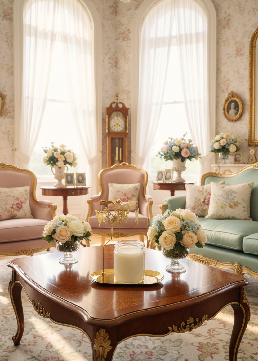 Decorative living room with floral arrangements, a grandfather clock, and elegant furniture.