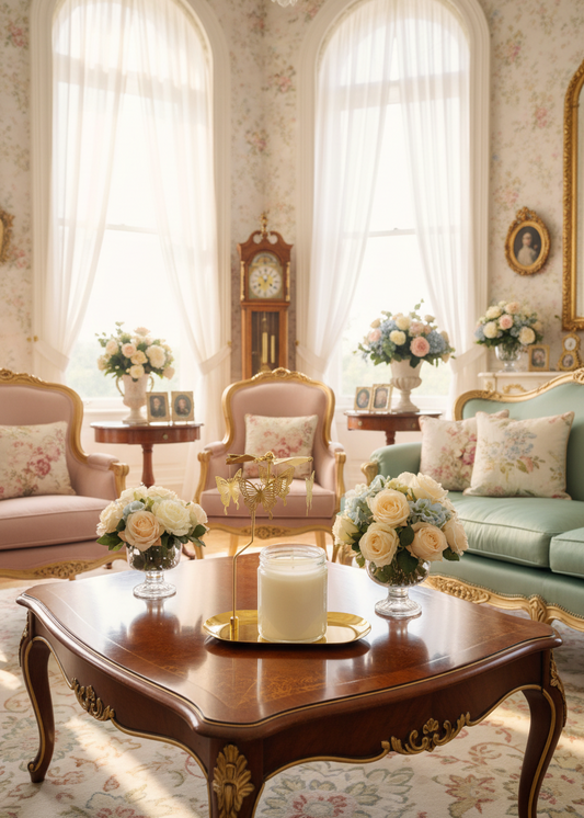 Decorative living room with floral arrangements, a grandfather clock, and elegant furniture.