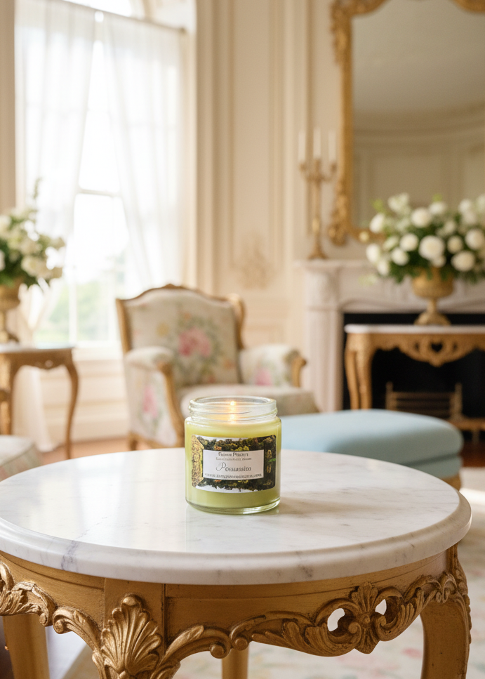 Candle on a marble table in an elegant room with a large mirror and floral arrangements.