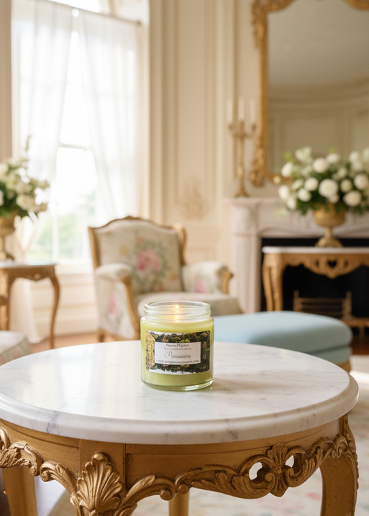 Candle on a marble table in an elegant room with a large mirror and floral arrangements.