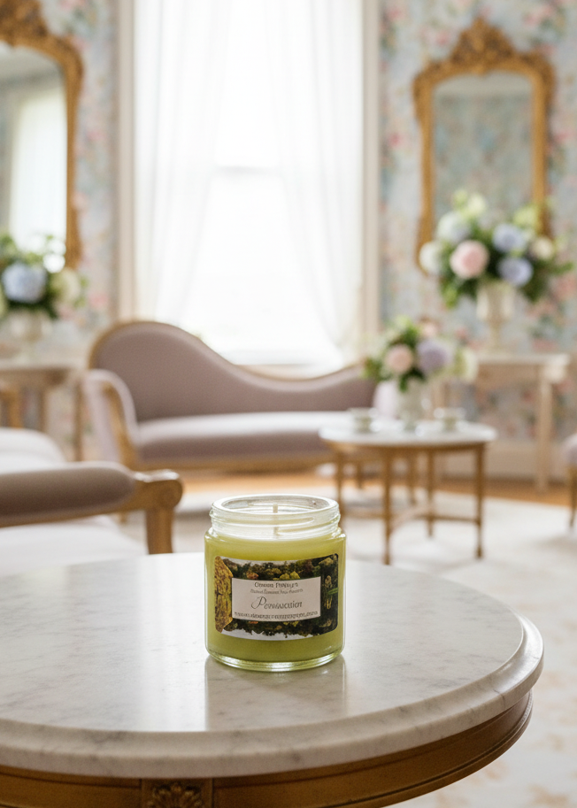 Candle on a marble table in a decorated room with floral wallpaper and furniture.