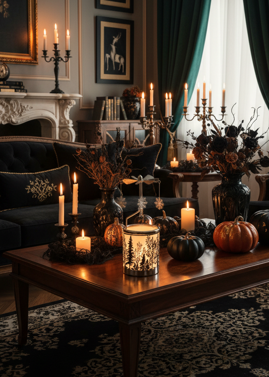 A dark, moody Halloween-themed living room decorated with candles, dried flowers, pumpkins, and a black table runner on a wooden coffee table.