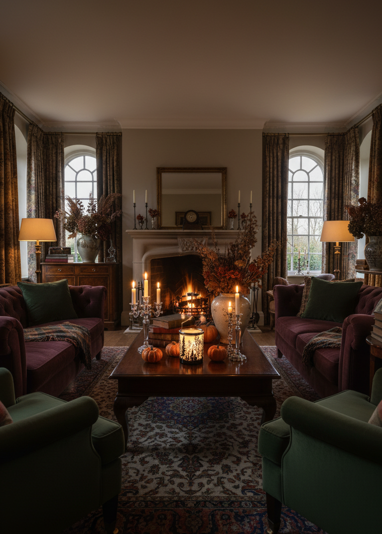 A cozy, dimly lit living room with a fireplace, upholstered sofas in deep burgundy and green, a dark wood coffee table, candles, and patterned rugs.