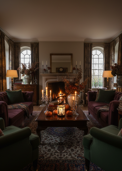 A cozy, dimly lit living room with a fireplace, upholstered sofas in deep burgundy and green, a dark wood coffee table, candles, and patterned rugs.