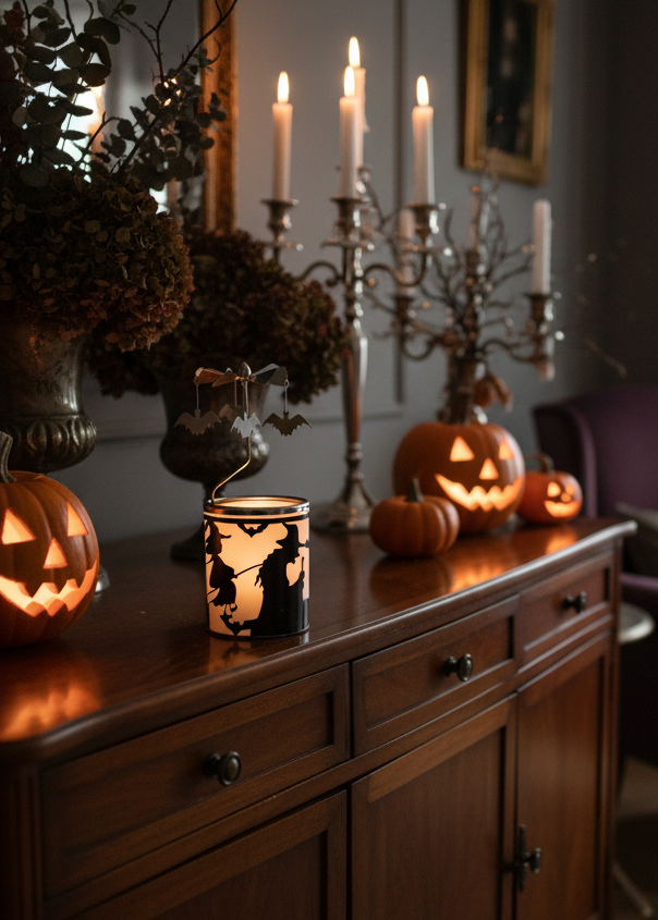 A dark wood Halloween sideboard cabinet decorated with carved pumpkins, lit candles on a candelabra, and a black candle holder with a cat silhouette. The cabinet is set in a cozy room with a purple armchair, patterned rug, and gray walls.