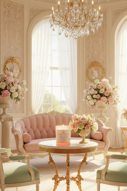 A luxurious interior scene with a pink tufted sofa, gold chandelier, floral arrangements, and a small round table holding a candle in the center. The room has cream walls, arched windows with white drapes, and ornate gold detailing.