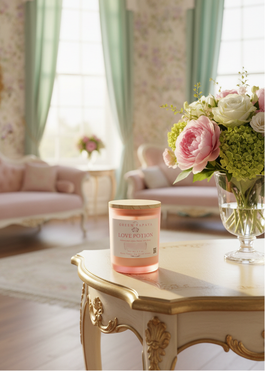 A pink and white candle labeled 'Love Poison' by The Art of Living sits on an ornate cream table in a beautifully decorated room with pink sofas, floral wallpaper, and a vase of pink roses in the foreground.
