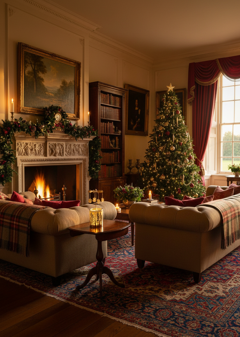 A cozy, traditional living room decorated for Christmas, featuring a large fireplace with a mantel of greenery and candles, two tufted armchairs with plaid throws, a wooden coffee table, and a decorated Christmas tree under a window with red drapes.