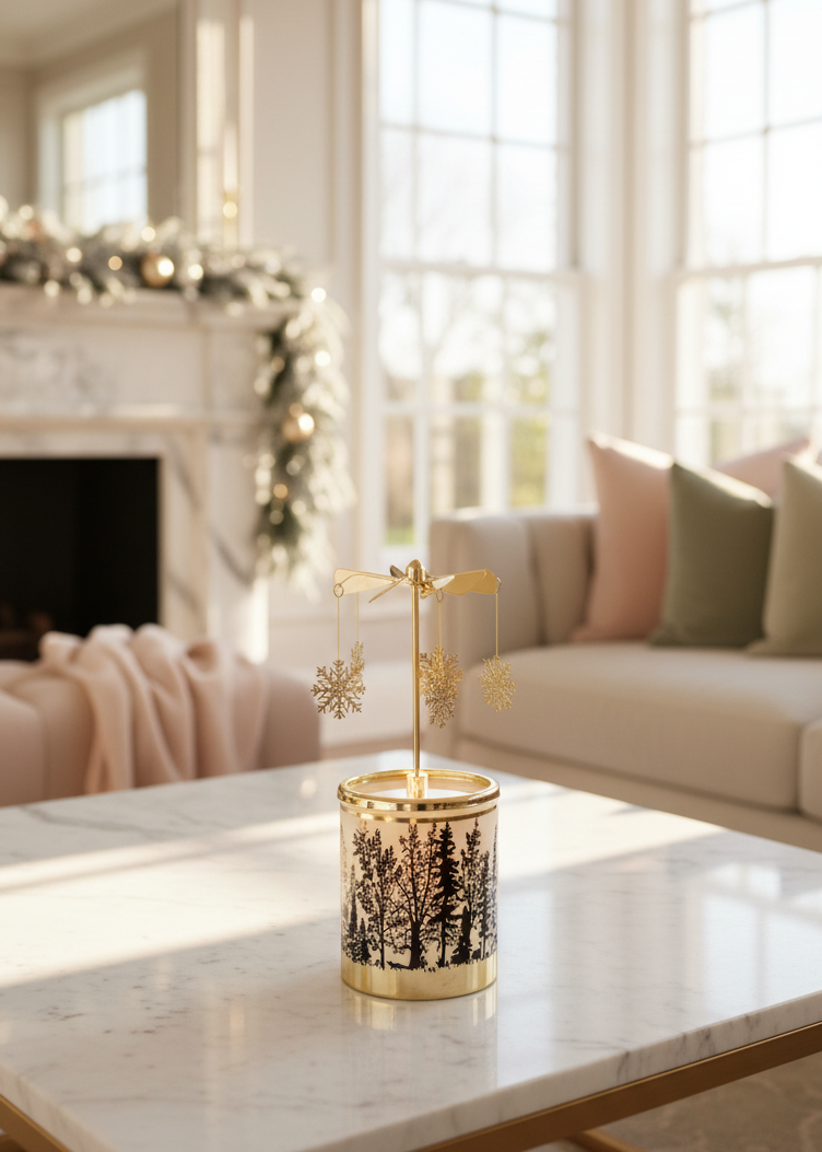 A festive holiday living room scene with a decorated Christmas tree, fireplace, and upholstered chairs, centered on a small tabletop candle holder with snowflake ornaments in the foreground.