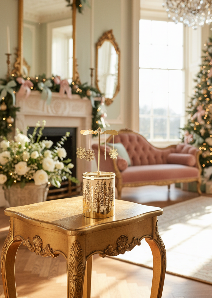 A festive holiday living room scene with a decorated Christmas tree, fireplace, and upholstered chairs, centered on a small tabletop candle holder with snowflake ornaments in the foreground.