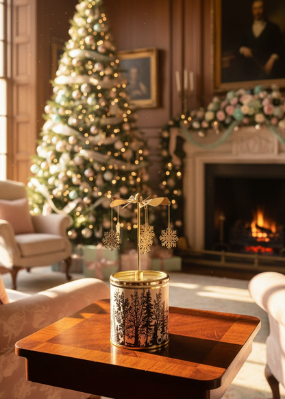 A festive holiday living room scene with a decorated Christmas tree, fireplace, and upholstered chairs, centered on a small tabletop candle holder with snowflake ornaments in the foreground.
