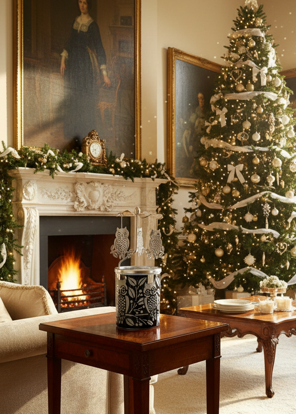 Living room with Christmas tree, fireplace, and decorated walls