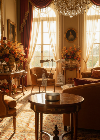 Luxurious living room with ornate furniture, chandelier, and large windows.