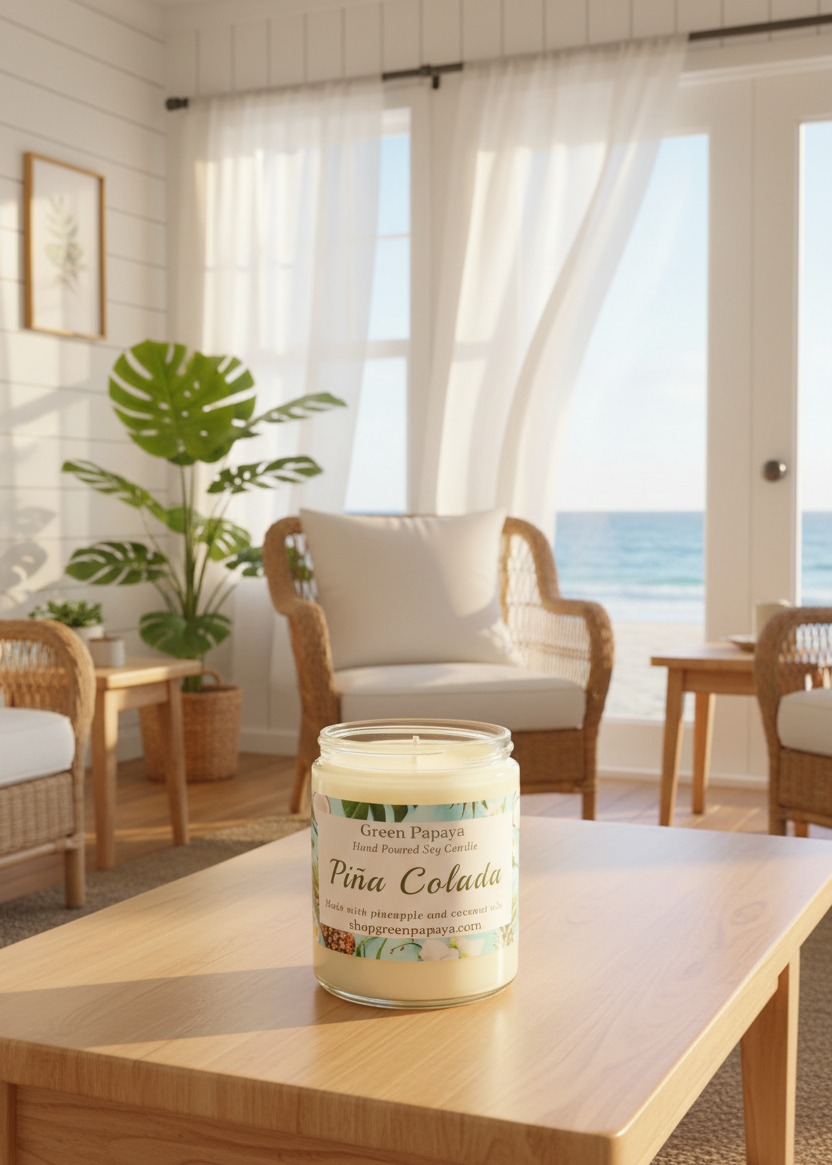 Candle labeled 'Pina Colada' on a wooden table with a beach view in the background