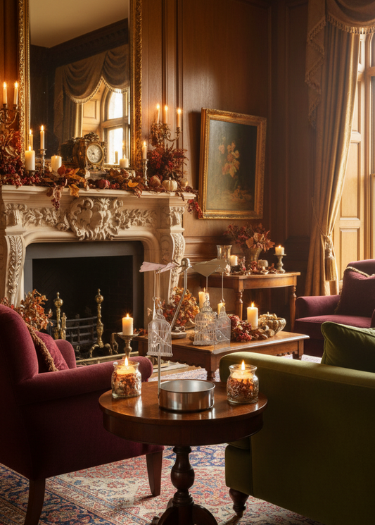 Luxurious living room with ornate fireplace, candles, and elegant decor.