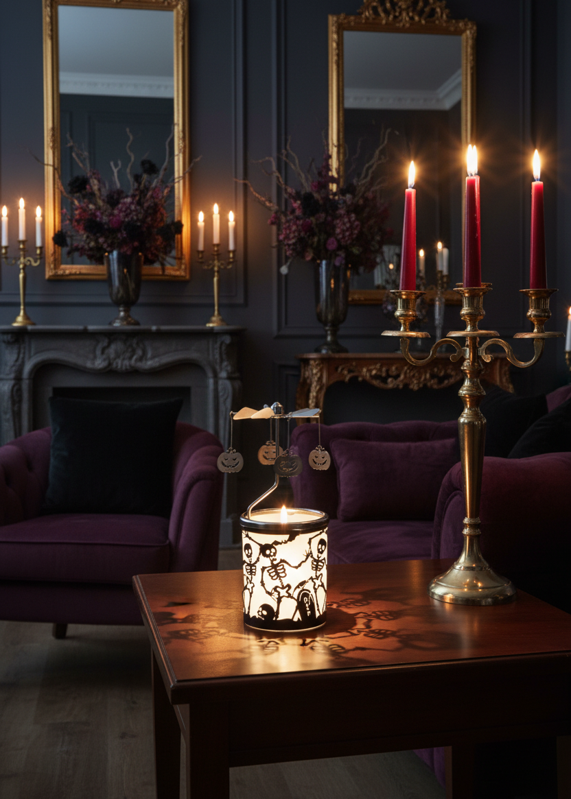 A gothic-style interior scene with purple velvet chairs, ornate gold-framed mirrors, a dark fireplace mantel, and a glowing lantern on a wooden table. A brass candelabra with red taper candles stands prominently on the right.