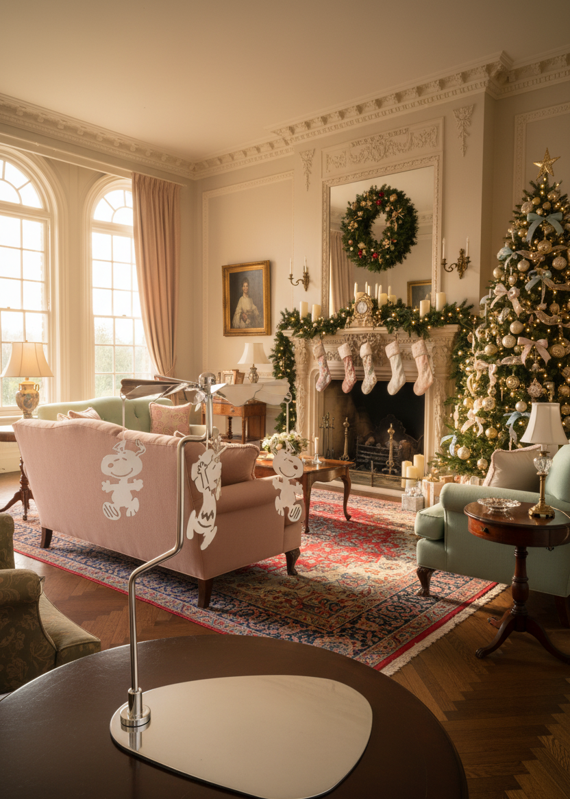 Decorative living room with Christmas tree, fireplace, and festive decorations.
