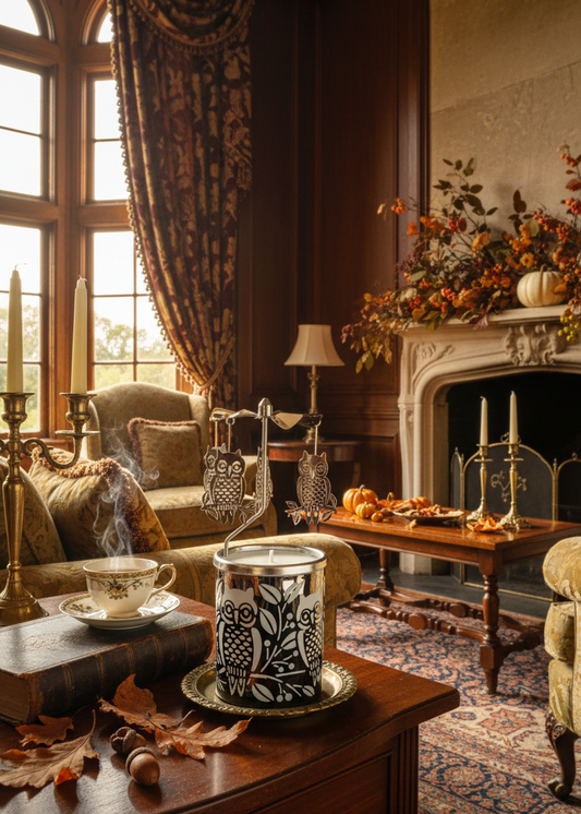 Cozy living room with fireplace, candles, and autumn decorations.