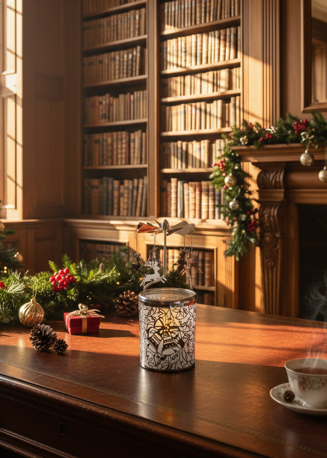 Cozy room with bookshelves, Christmas decorations, and a cup of coffee on a wooden table.