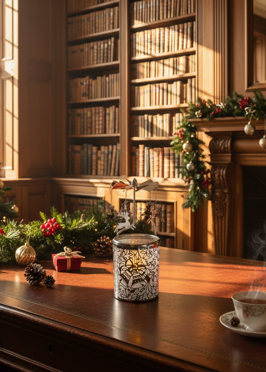 Cozy room with bookshelves, Christmas decorations, and a cup of coffee on a wooden table.