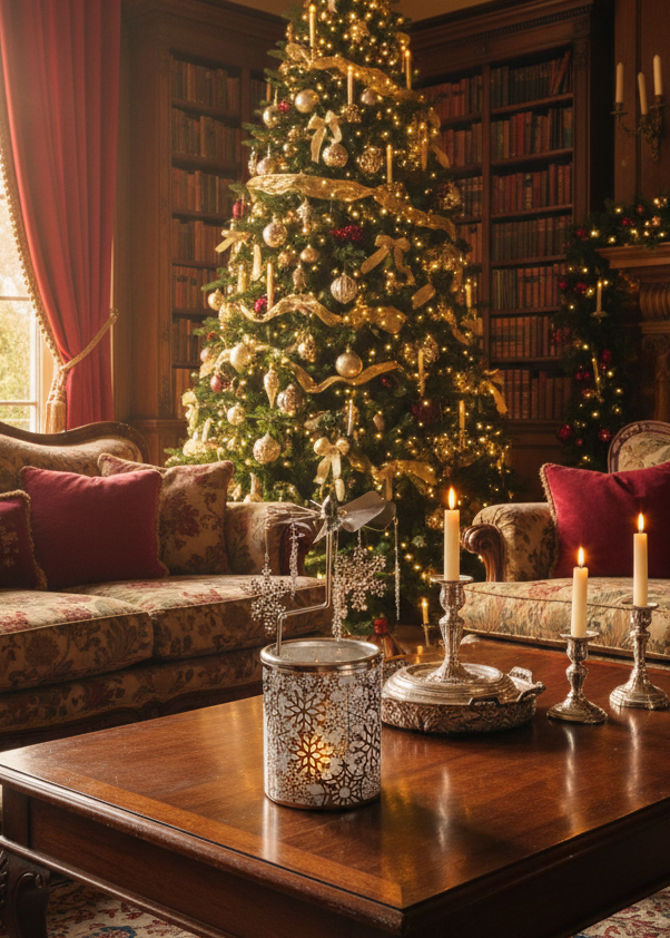 Decorated Christmas tree in a grand room with bookshelves and a fireplace.