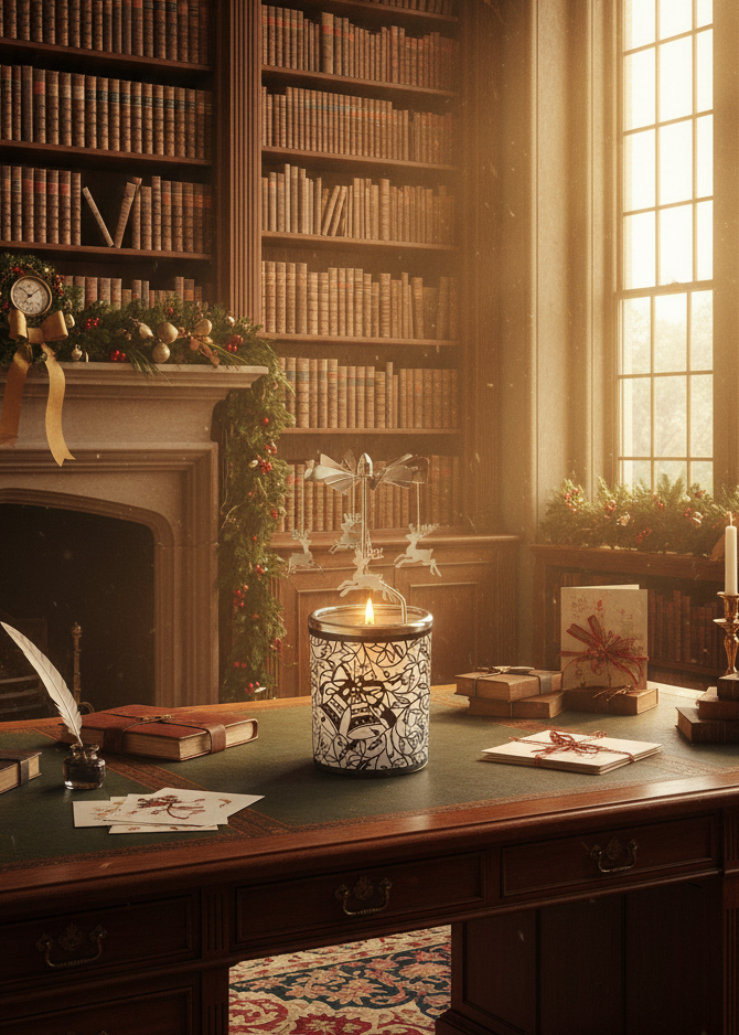 Vintage study room with bookshelves, desk, and large window.