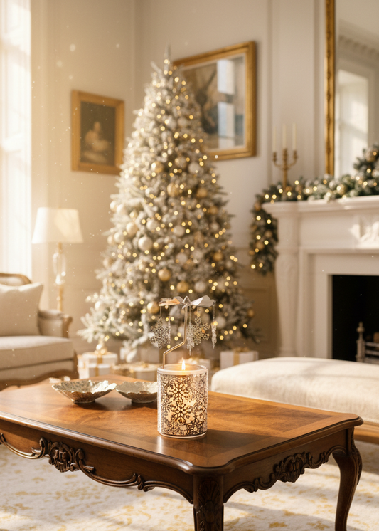 Decorated living room with Christmas tree, fireplace, and ornate furniture.