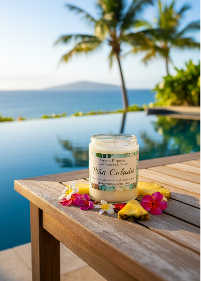 Jar of 'Pina Colada' candle on a wooden table by a pool with palm trees in the background