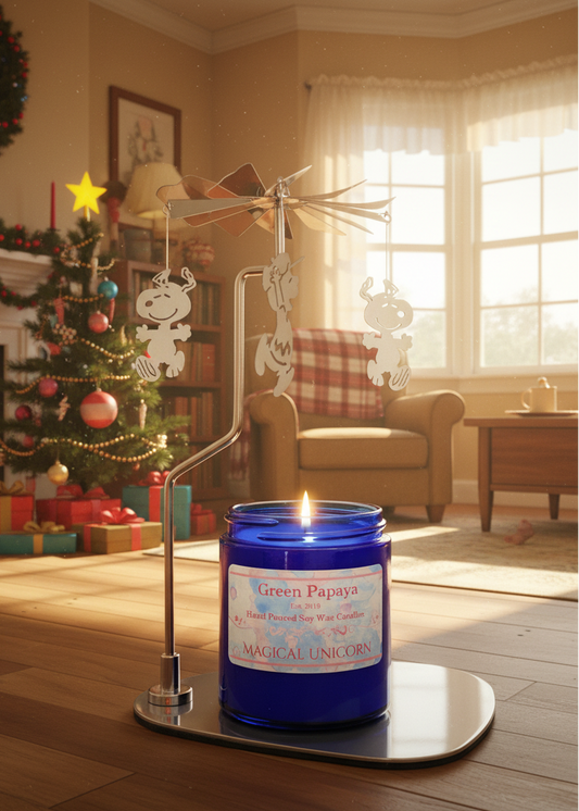 Blue candle with a label in a living room decorated for Christmas.