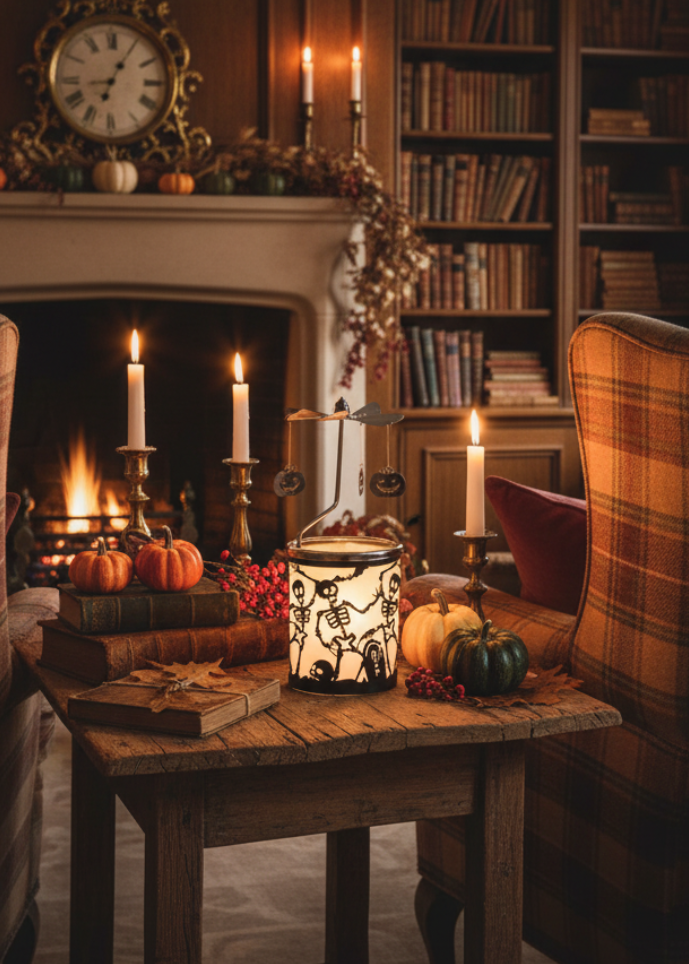 A cozy autumn living room scene with a warm fireplace, lit candles, bookshelves, plaid armchairs, pumpkins, and a small table holding a decorative lantern and books.